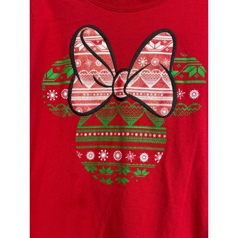 Disney Minnie Mouse Girls Red Holiday Shirt with Polka Dot Sleeves Size M (7/8) - Picture 2 of 5